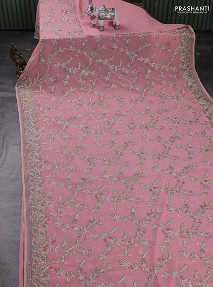 Peach Pink Georgette Saree - Embroidery