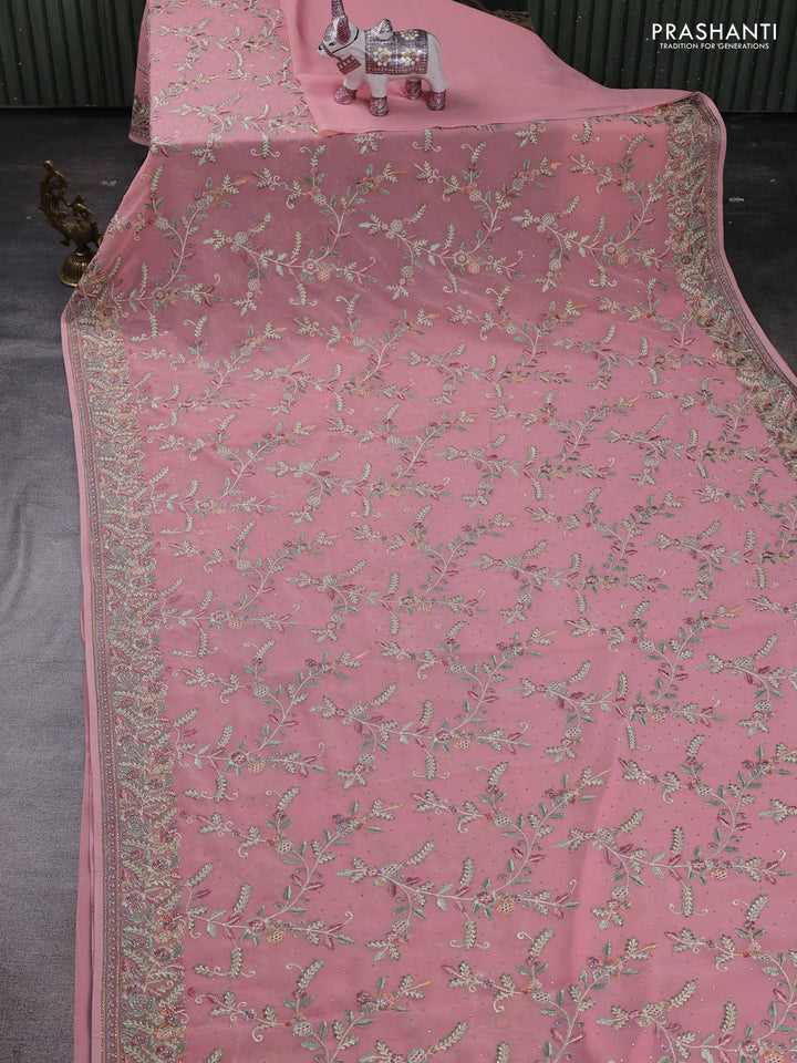 Peach Pink Georgette Saree - Embroidery