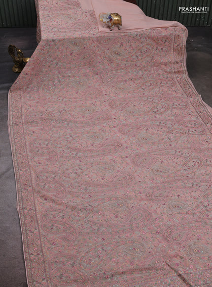 Pastel Peach Georgette Saree - Embroidery
