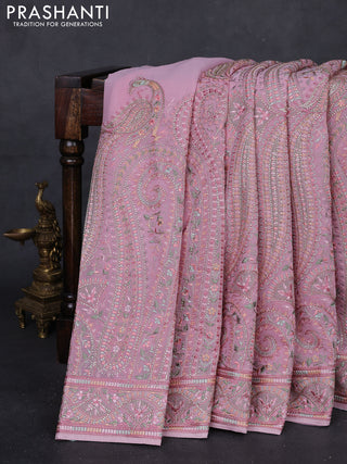 Peach Pink Georgette Saree - Embroidery