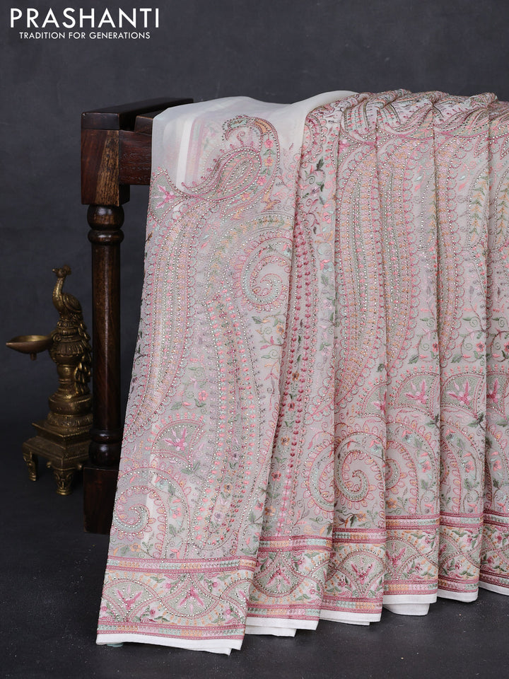 Off White Georgette Saree - Embroidery