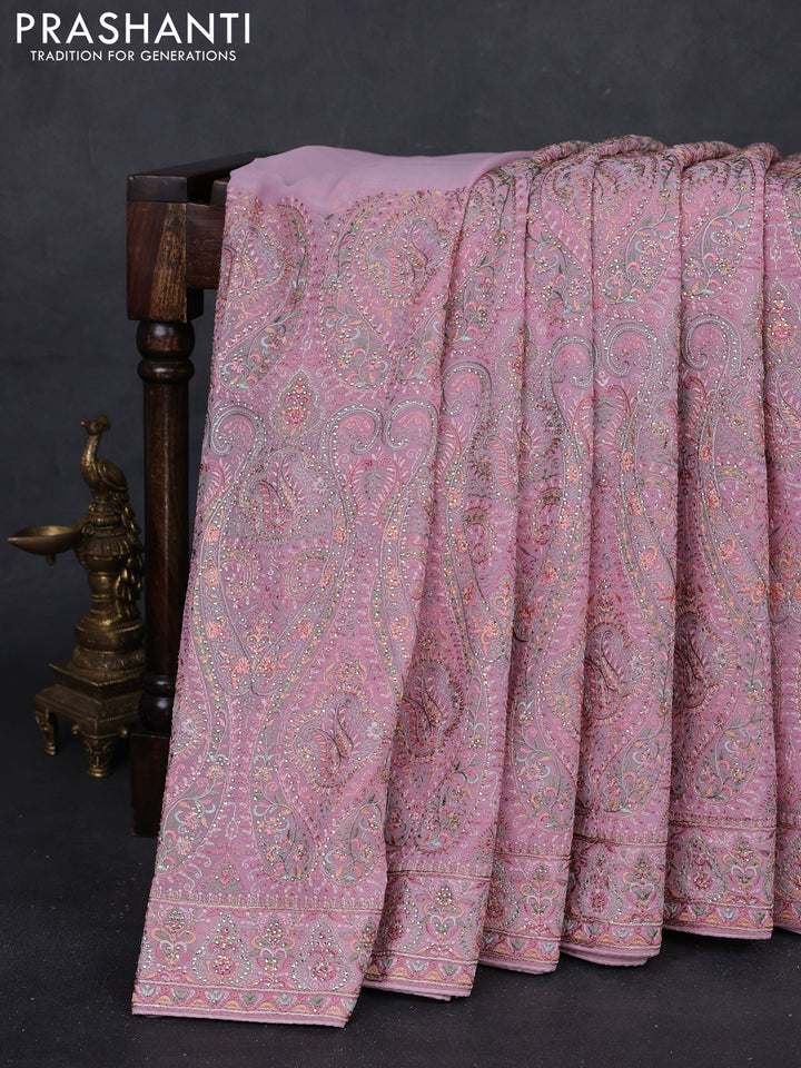 Peach Pink Georgette Saree - Embroidery