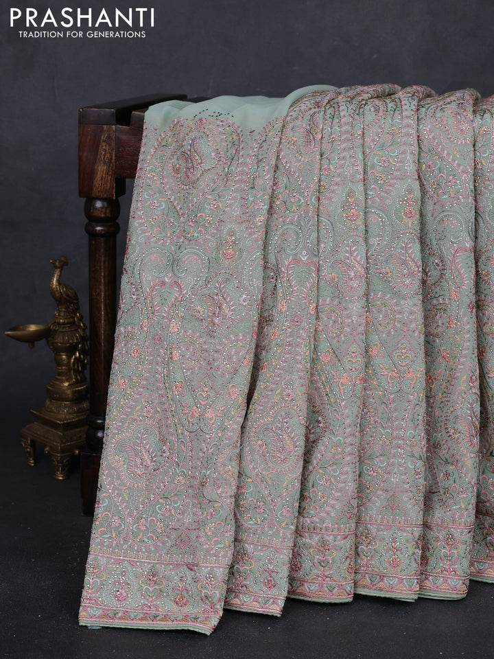Pastel Green Georgette Saree - Embroidery