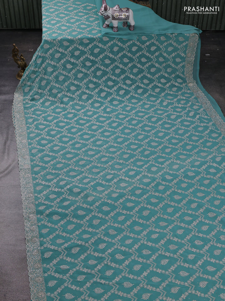 Teal Georgette Saree - Embroidery