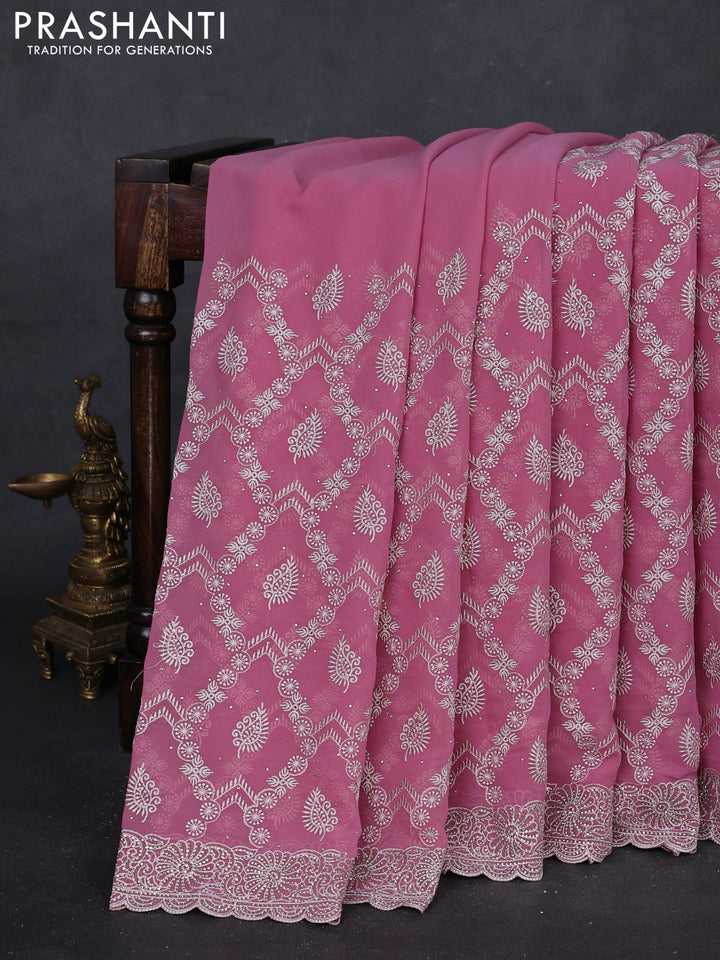 Mauve Pink Georgette Saree - Embroidery