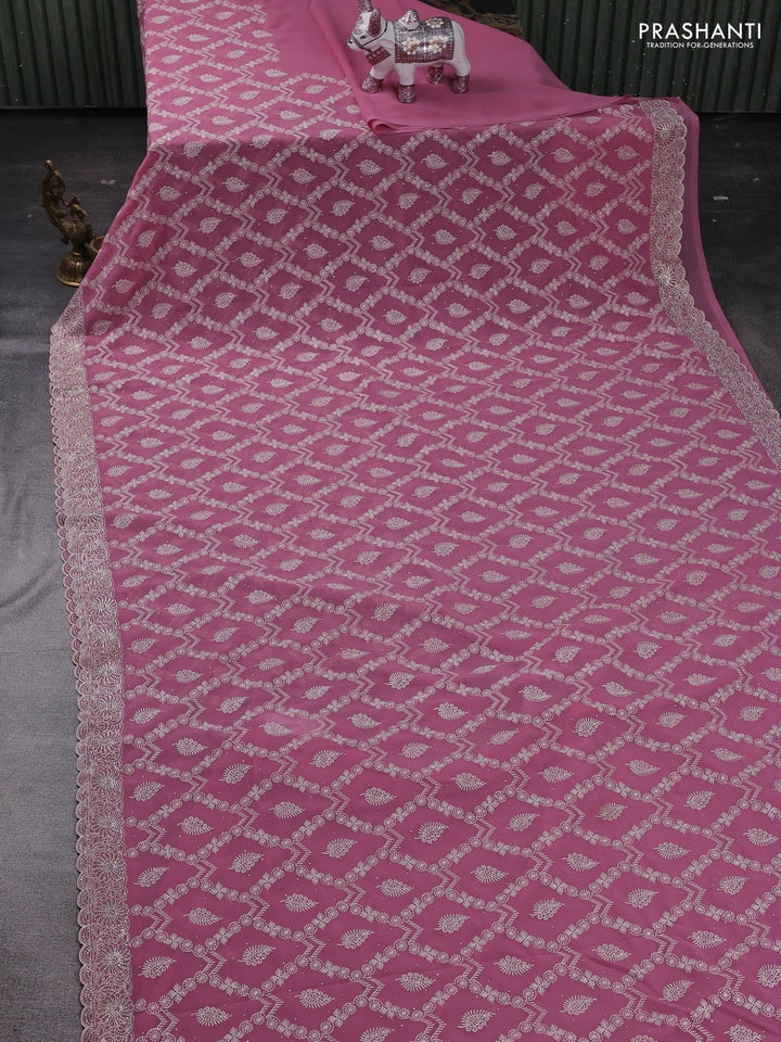 Mauve Pink Georgette Saree - Embroidery