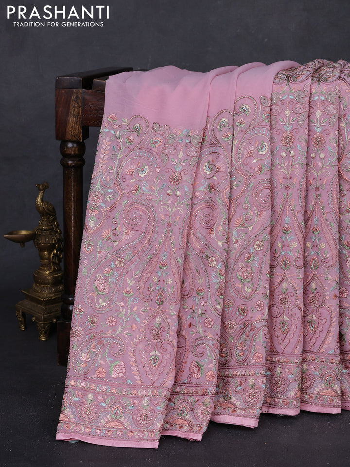 Peach Pink Georgette Saree - Embroidery