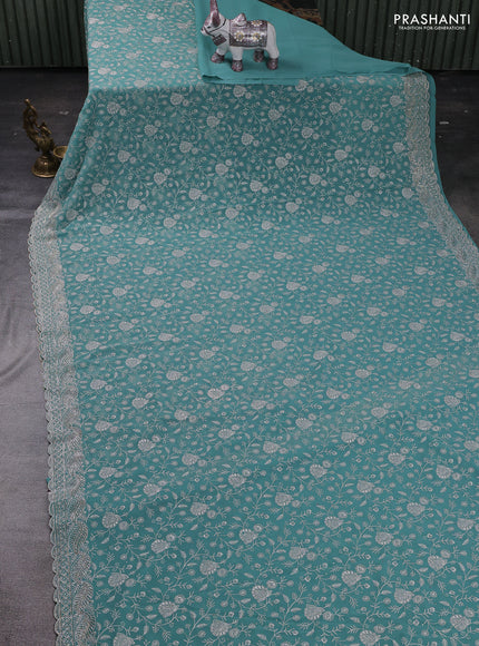 Teal Green Georgette Saree - Embroidery