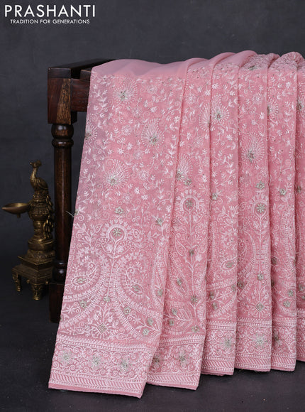 Peach Pink Georgette Saree - Embroidery