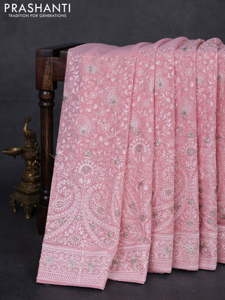Peach Pink Georgette Saree - Embroidery