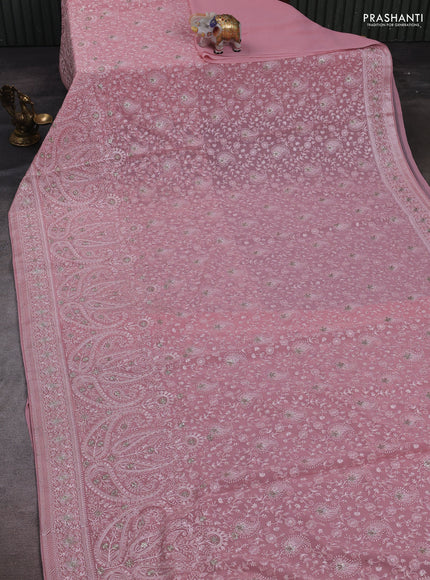 Peach Pink Georgette Saree - Embroidery