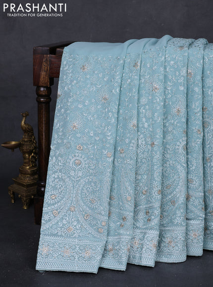 Aque Blue Georgette Saree - Embroidery