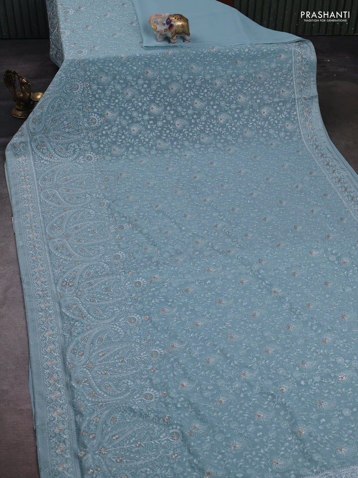 Aque Blue Georgette Saree - Embroidery