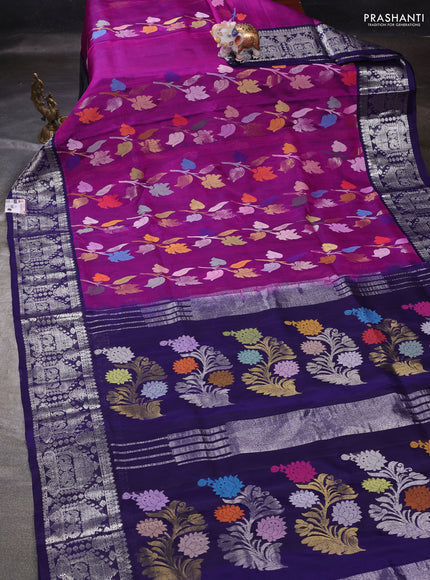 Magenta Pink & Navy Blue Venkatagiri Silk - Jamdani