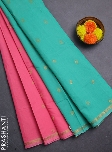 Peach Pink & Teal Green Semi Maheshwari Cotton - Buttas