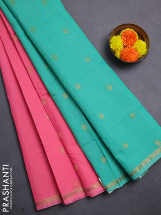 Peach Pink & Teal Green Semi Maheshwari Cotton - Buttas