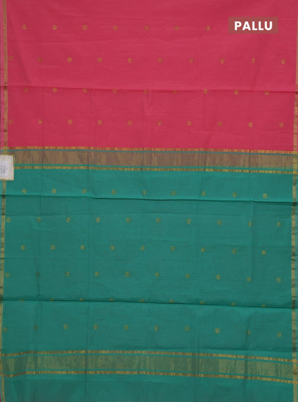 Peach Pink & Teal Green Semi Maheshwari Cotton - Buttas