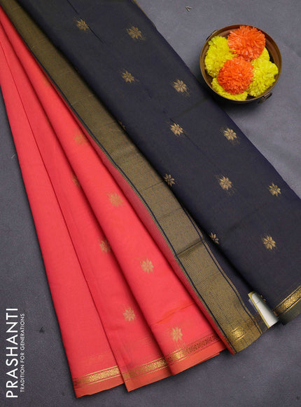 Peach Orange & Navy Blue Semi Maheshwari Cotton - Buttas