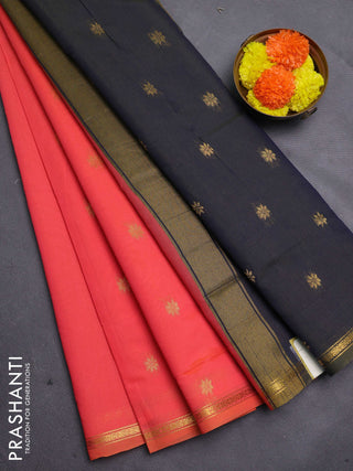 Peach Orange & Navy Blue Semi Maheshwari Cotton - Buttas