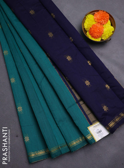 Peacock Green & Navy Blue Semi Maheshwari Cotton - Buttas