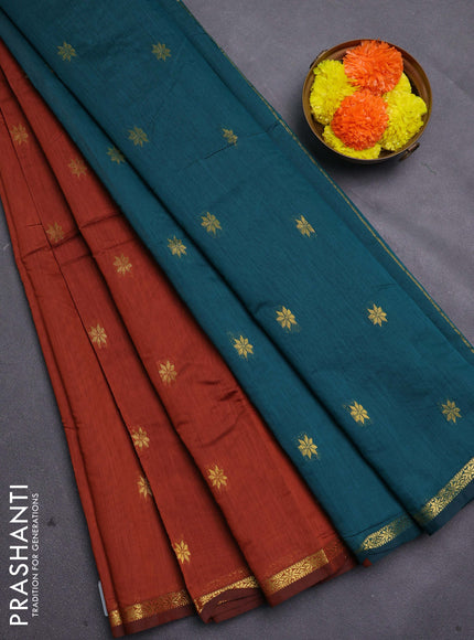 Brown & Peacock Green Semi Maheshwari Cotton - Buttas