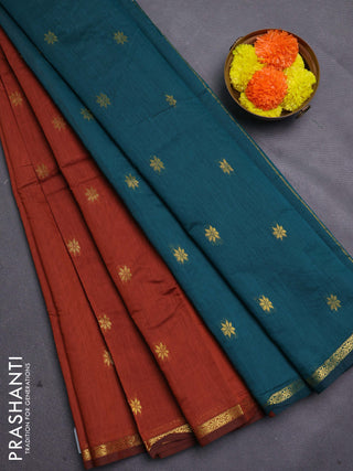 Brown & Peacock Green Semi Maheshwari Cotton - Buttas