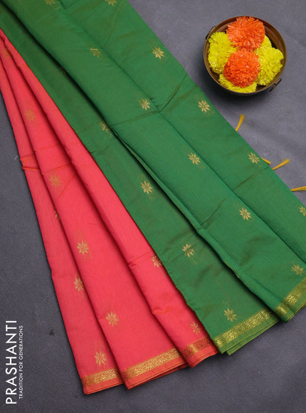 Peach Orange & Green Semi Maheshwari Cotton - Buttas