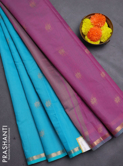 Teal Blue & Pink Semi Maheshwari Cotton - Buttas