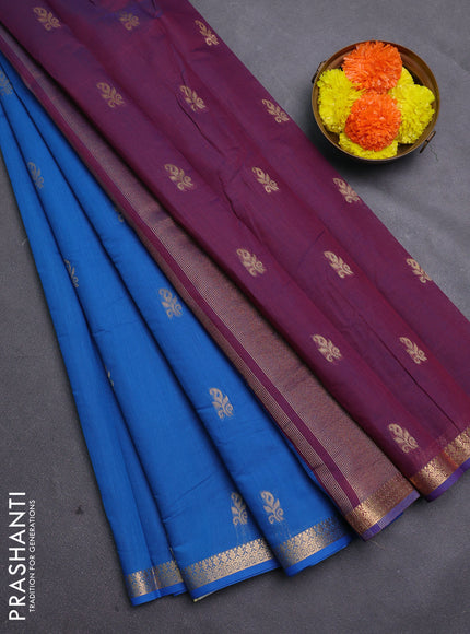 Blue & Wine Semi Maheshwari Cotton - Buttas