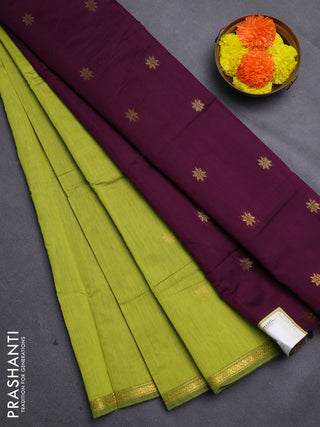 Lime Green & Wine Semi Maheshwari Cotton - Buttas