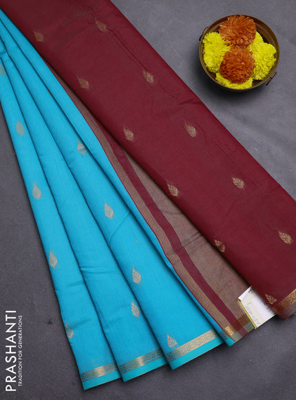 Teal Blue & Maroon Semi Maheshwari Cotton - Buttas