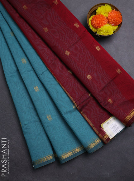 Pastel Blue & Maroon Semi Maheshwari Cotton - Buttas