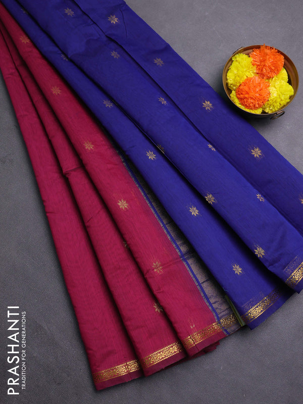 Magenta Pink & Blue Semi Maheshwari Cotton - Buttas