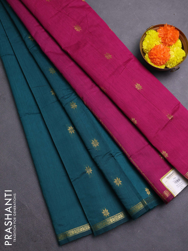 Peacock Green & Pink Semi Maheshwari Cotton - Buttas