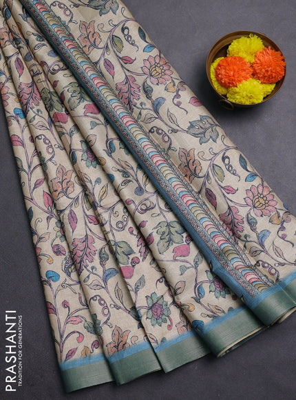 Beige & Teal Blue Semi Tussar Saree