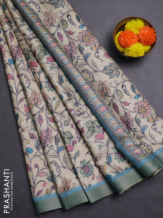 Beige & Teal Blue Semi Tussar Saree