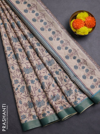 Beige & Teal Blue Semi Tussar Saree