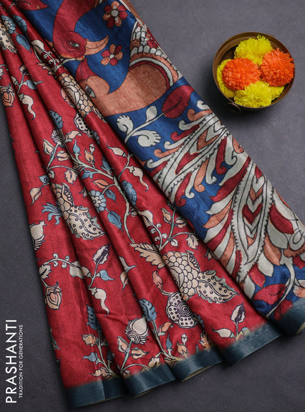 Red & Teal Blue Semi Tussar Saree