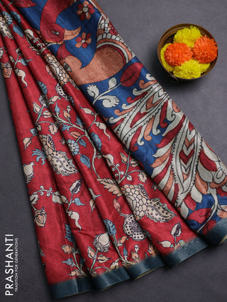 Red & Teal Blue Semi Tussar Saree