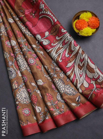 Mustard Yellow & Red Semi Tussar Saree