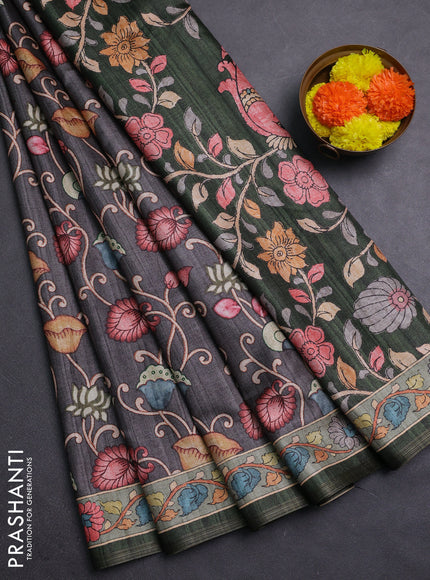 Grey & Pastel Green Semi Tussar Saree