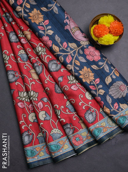 Red & Pastel Blue Semi Tussar Saree