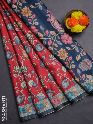 Red & Pastel Blue Semi Tussar Saree