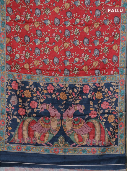 Red & Pastel Blue Semi Tussar Saree