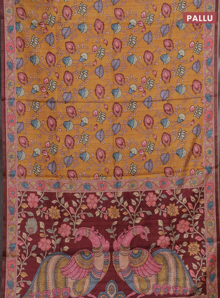 Mustard Yellow & Pastel Pink Semi Tussar Saree