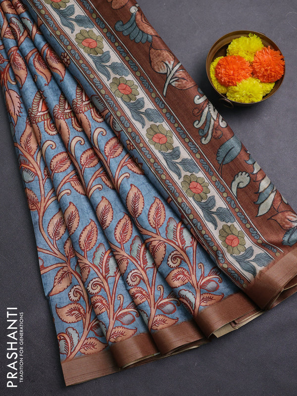 Teal Blue & Brown Semi Tussar Saree