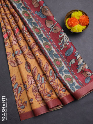 Mustard Yellow & Maroon Semi Tussar Saree