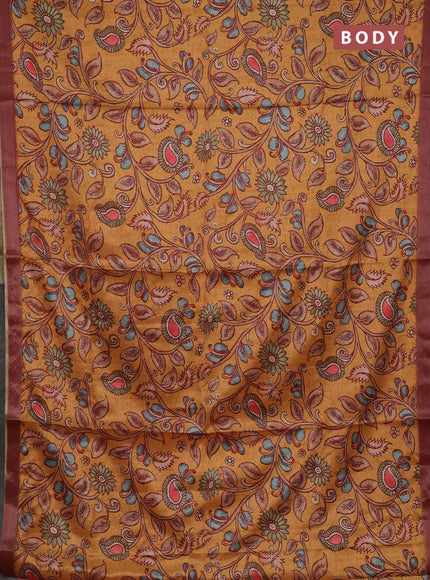 Mustard Yellow & Maroon Semi Tussar Saree