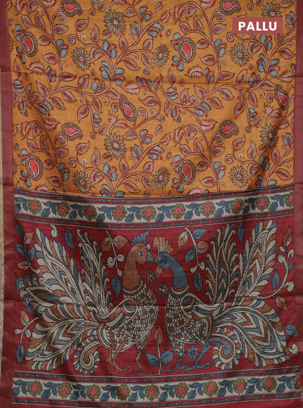 Mustard Yellow & Maroon Semi Tussar Saree