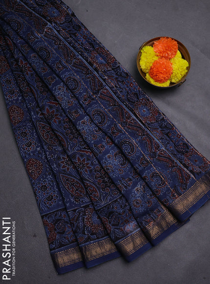 Blue Maheshwari Silk Cotton Saree - Ajrakh Prints